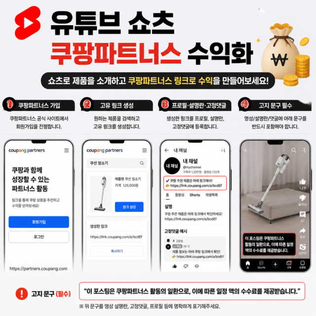 유튜브 쇼츠로 쿠팡파트너스 수익 내는 법…가입부터 링크 삽입까지