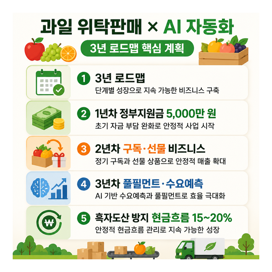 과일 위탁판매·AI 자동화로 연 매출 20억 목표…3년 로드맵과 흑자도산 방지 전략