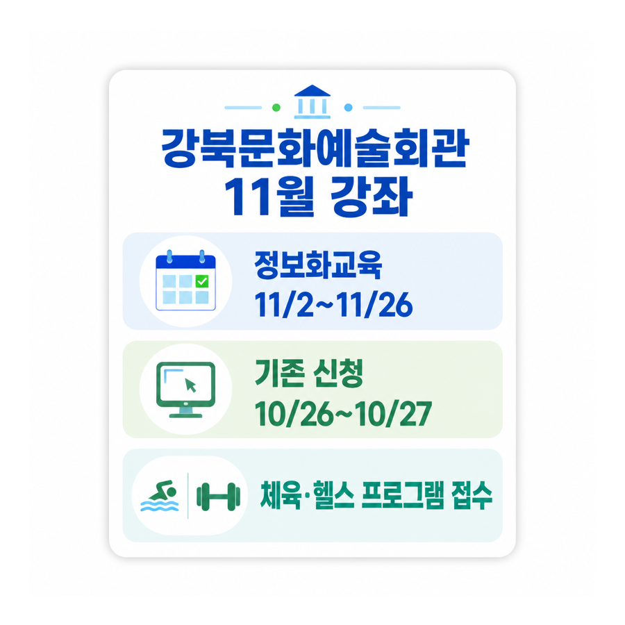 강북문화예술회관 11월 강좌 신청 방법과 정보화교육·체육 프로그램 정리
