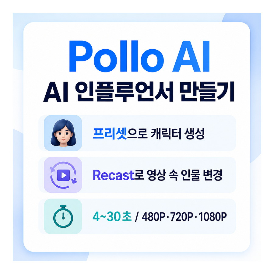 Pollo AI로 AI 인플루언서 만들기, 프리셋과 Recast 사용법 정리